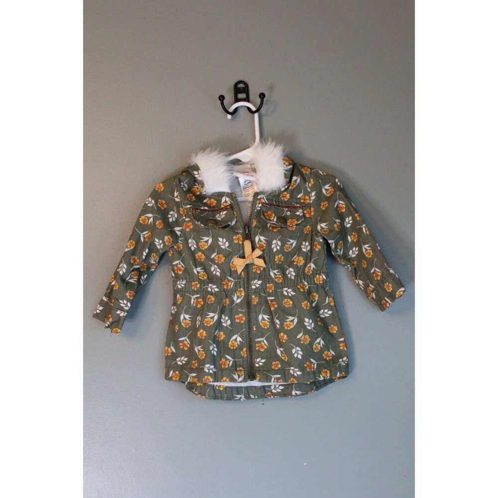 Little Lass Olive Green Jacket Floral Print Faux Fur 6-9m